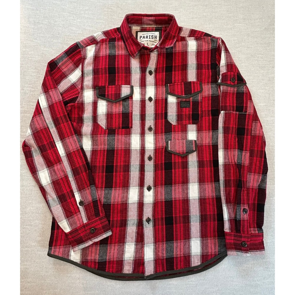 NWOT PARISH Plaid Flannel Shirt Jacket‎ Shacket Red White Black Leather Trim -Lg